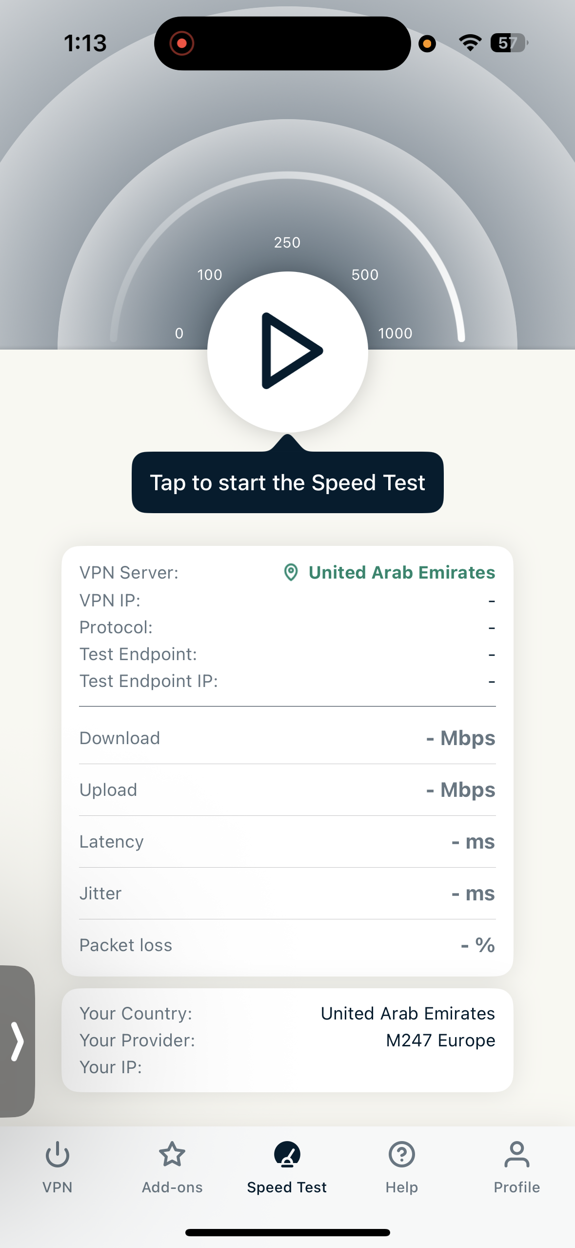 VPN speed test tool in ExpressVPN iPhone App