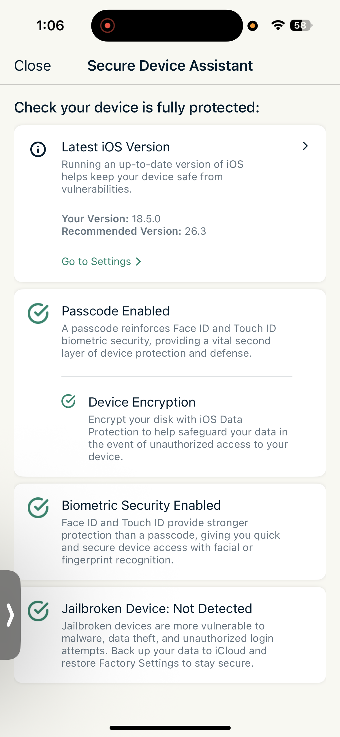Secure Device Assistant page in ExpressVPN iPhone App