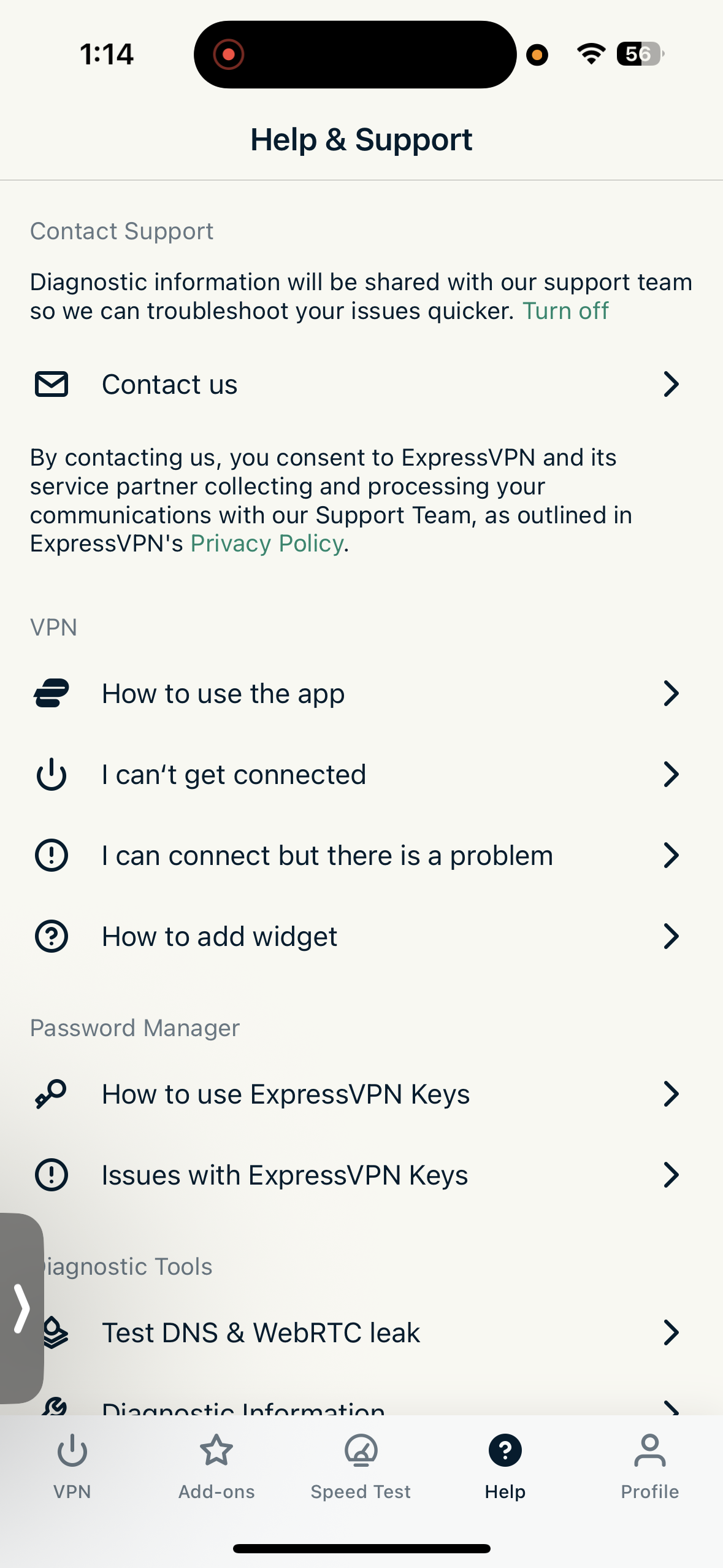 ExpressVPN iPhone App help and support screen with troubleshooting guides