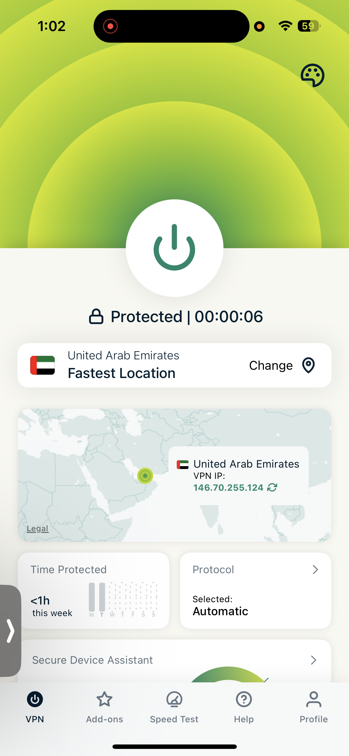 ExpressVPN iPhone App connected to United Arab Emirates server with secure status