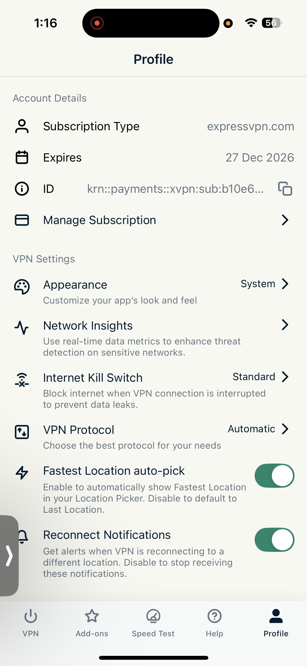 ExpressVPN iPhone App profile screen showing subscription details and VPN settings