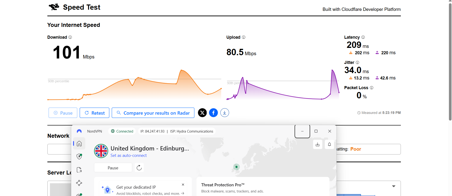 NordVPN speed test results on Windows connected to Edinburgh server over WiFi showing download, upload, latency, and jitter performance