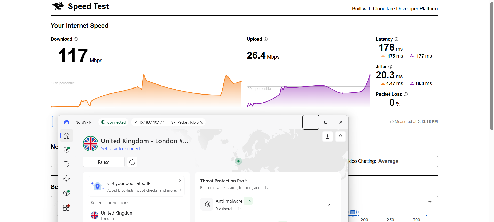 NordVPN speed test results on Windows connected to London server over WiFi showing download, upload, latency, and jitter performance