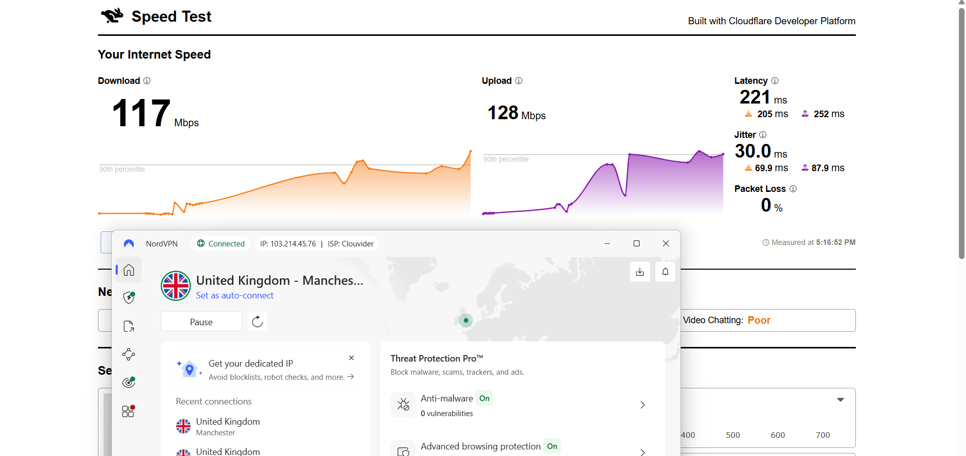 NordVPN speed test results on Windows connected to Manchester server over WiFi showing download, upload, latency, and jitter performance