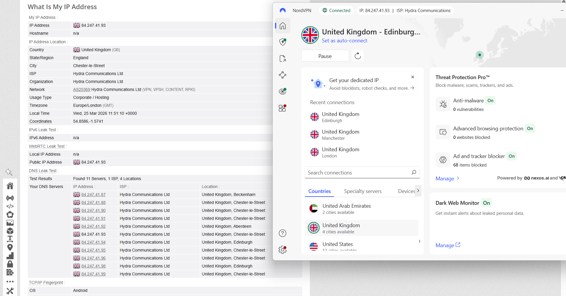 NordVPN IP, DNS, and WebRTC leak test results on Windows connected to Edinburgh server over WiFi showing no leaks detected
