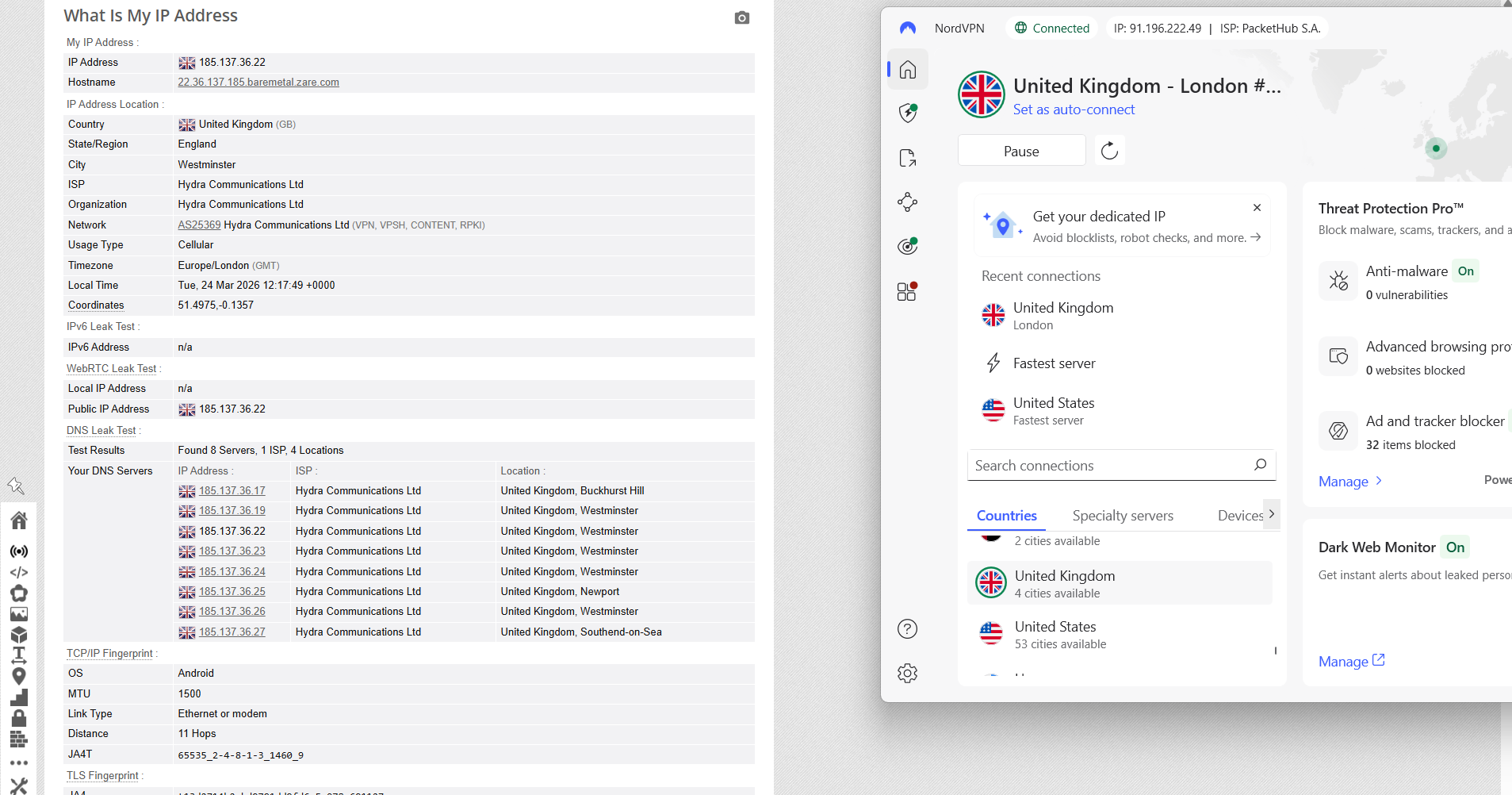 NordVPN IP, DNS, and WebRTC leak test results on Windows connected to London server over WiFi showing no leaks detected