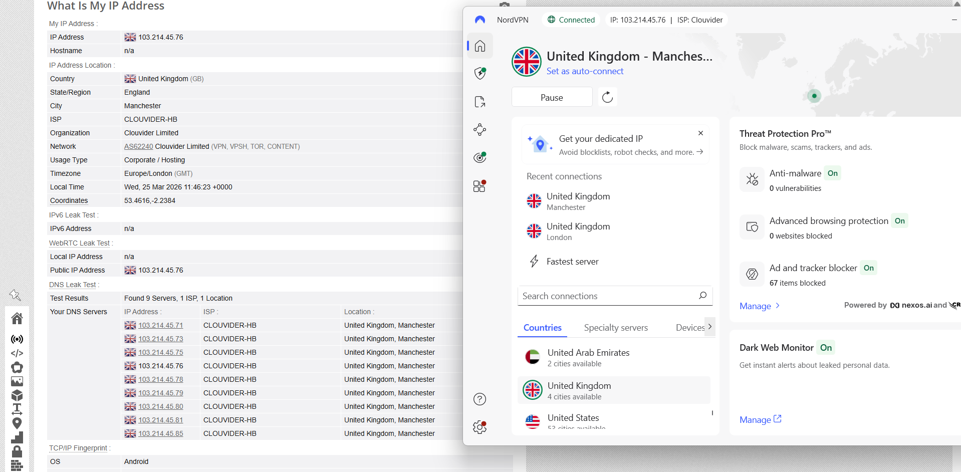 NordVPN IP, DNS, and WebRTC leak test results on Windows connected to Manchester server over WiFi showing no leaks detected