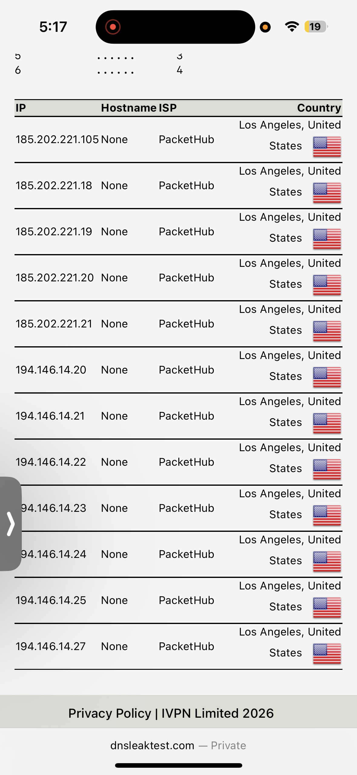 NordVPN passed the DNS leak test while connected to the US Los Angeles server on iPhone