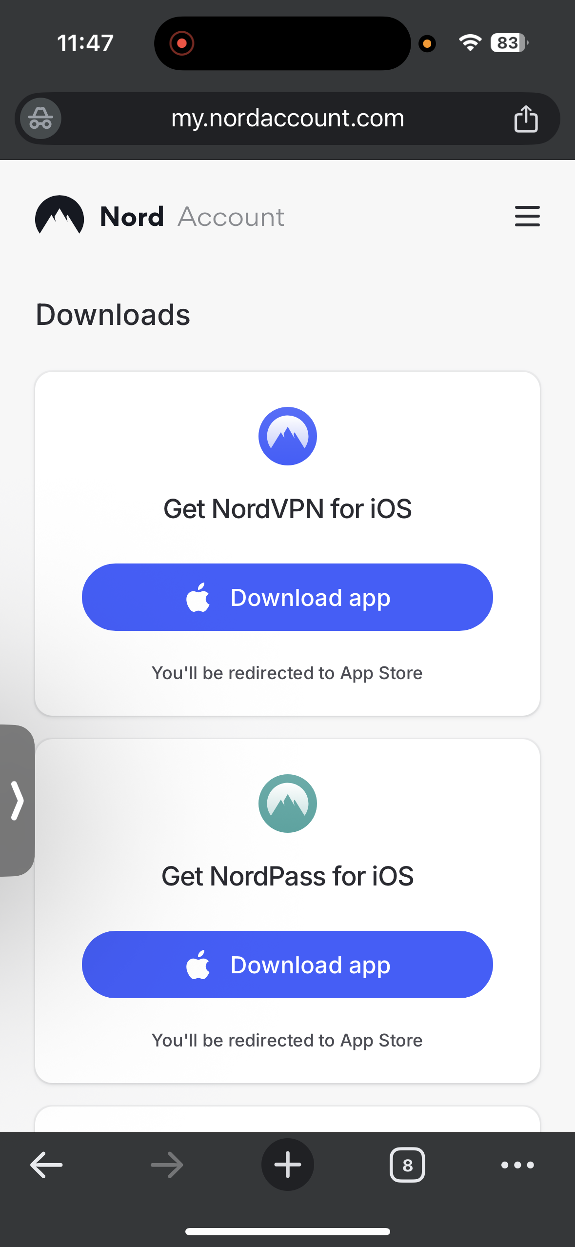 Nord Account downloads page offering NordVPN iOS App