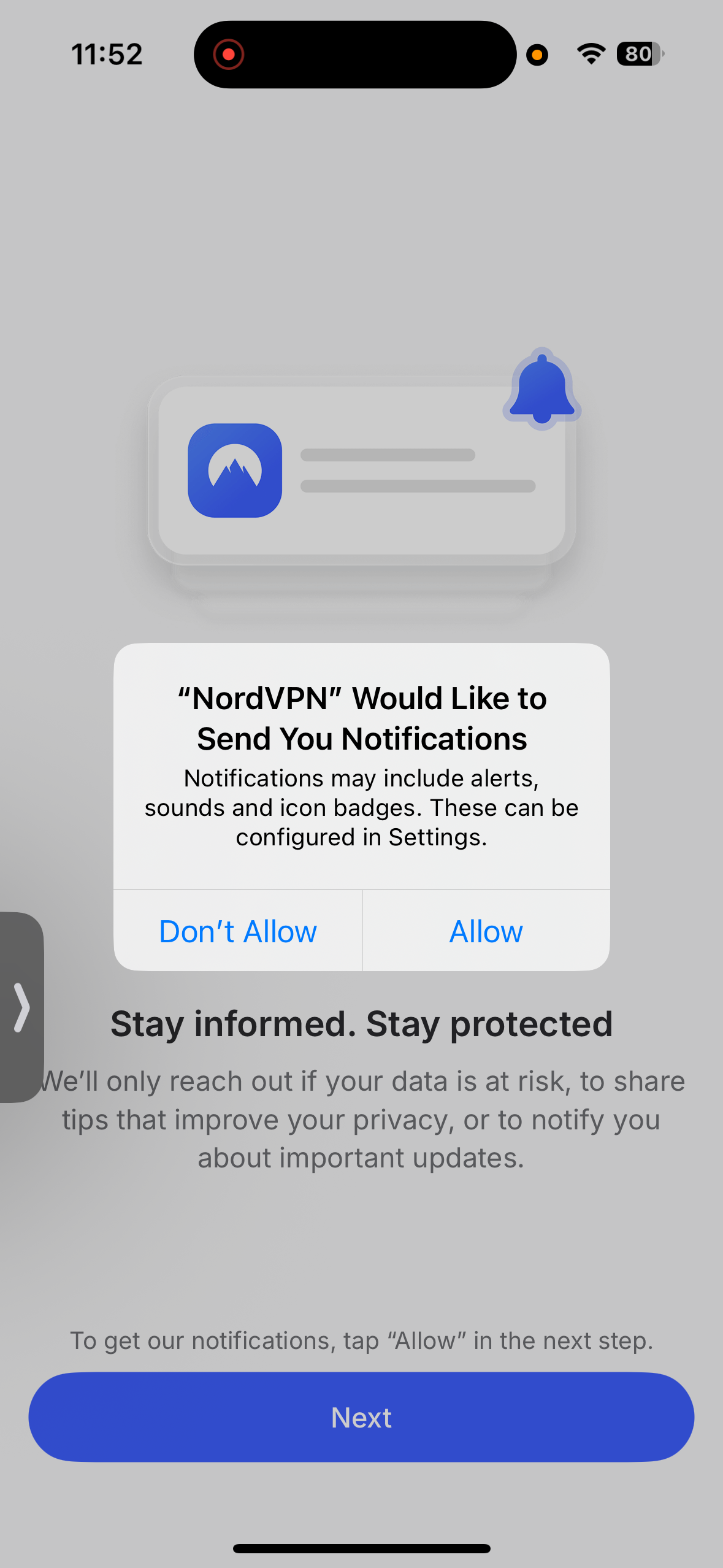 NordVPN iPhone notification permission request screen