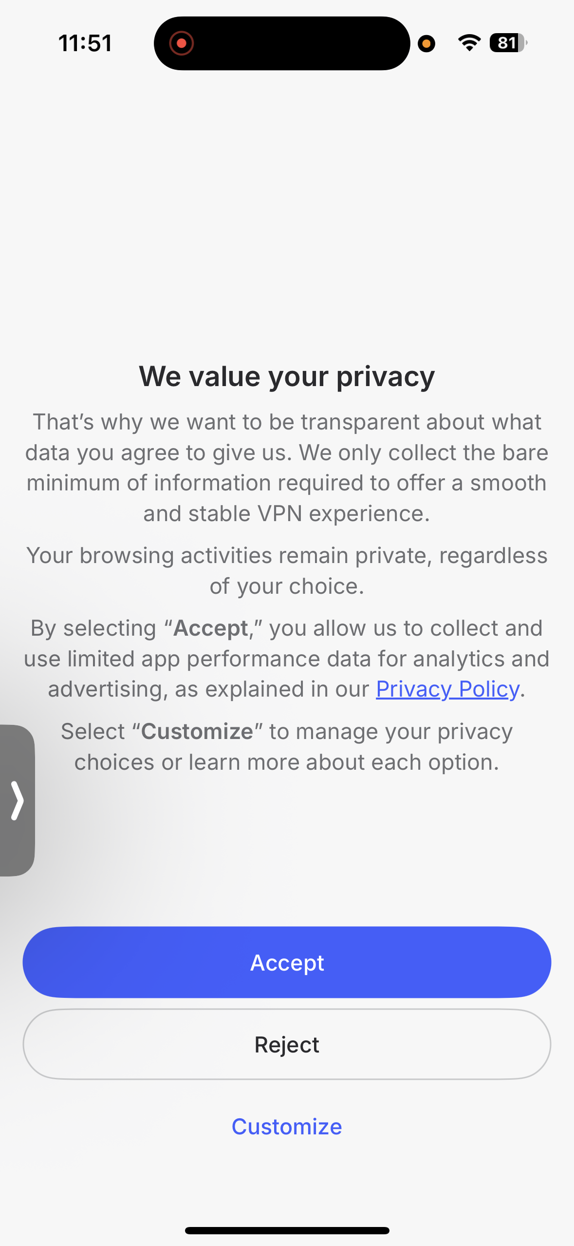 NordVPN iPhone Privacy Page App