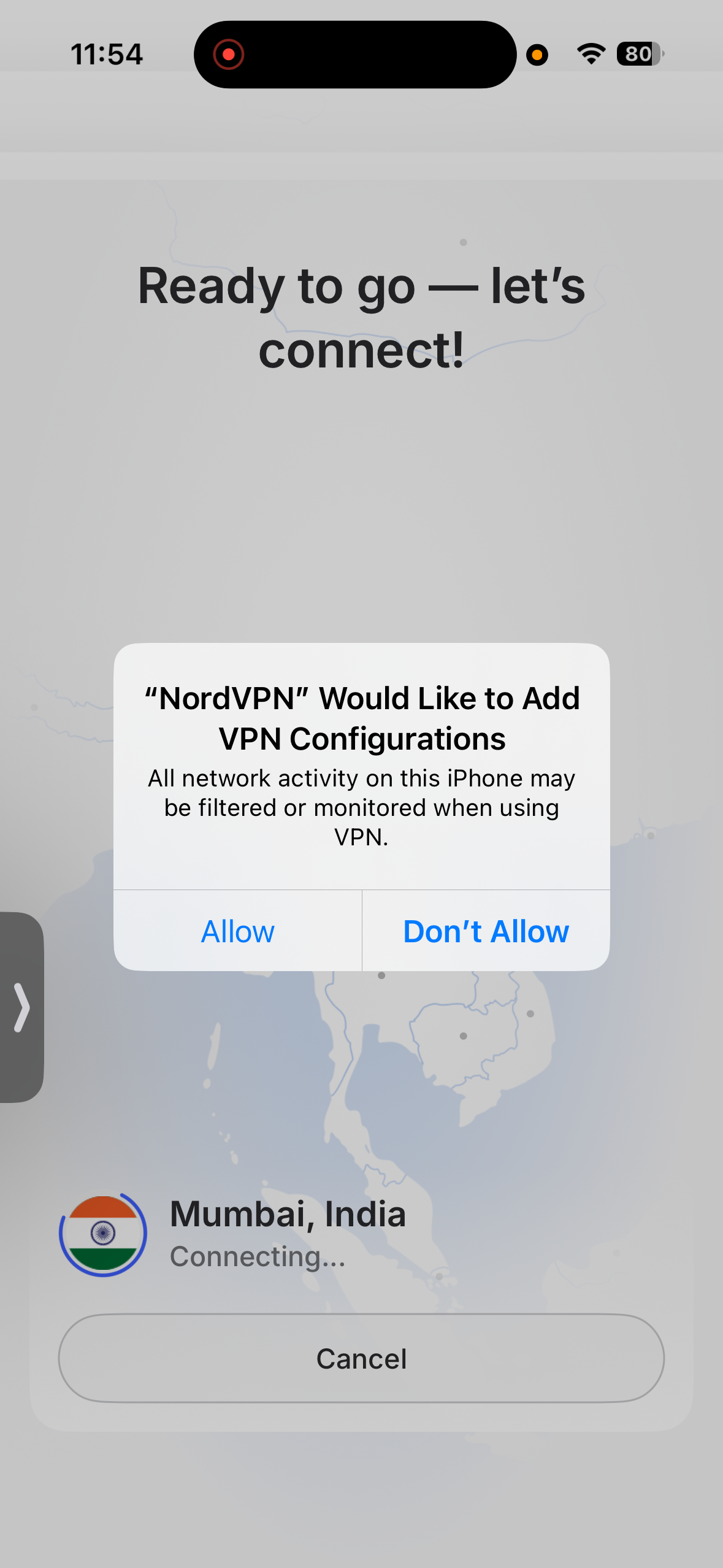 NordVPN iPhone connection attempt to Mumbai server