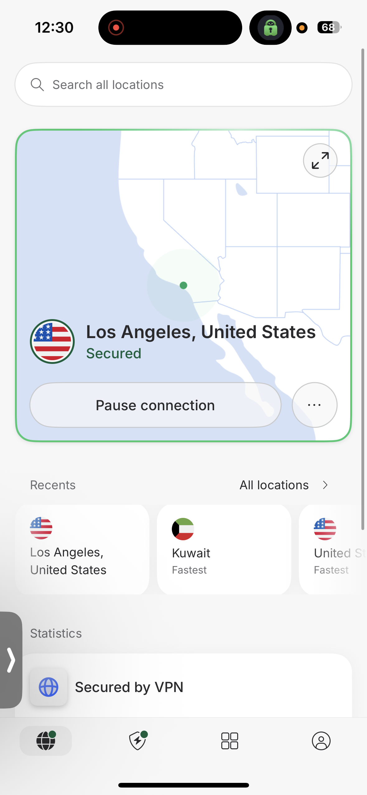 NordVPN iPhone Active VPN connection to Los Angeles, United States