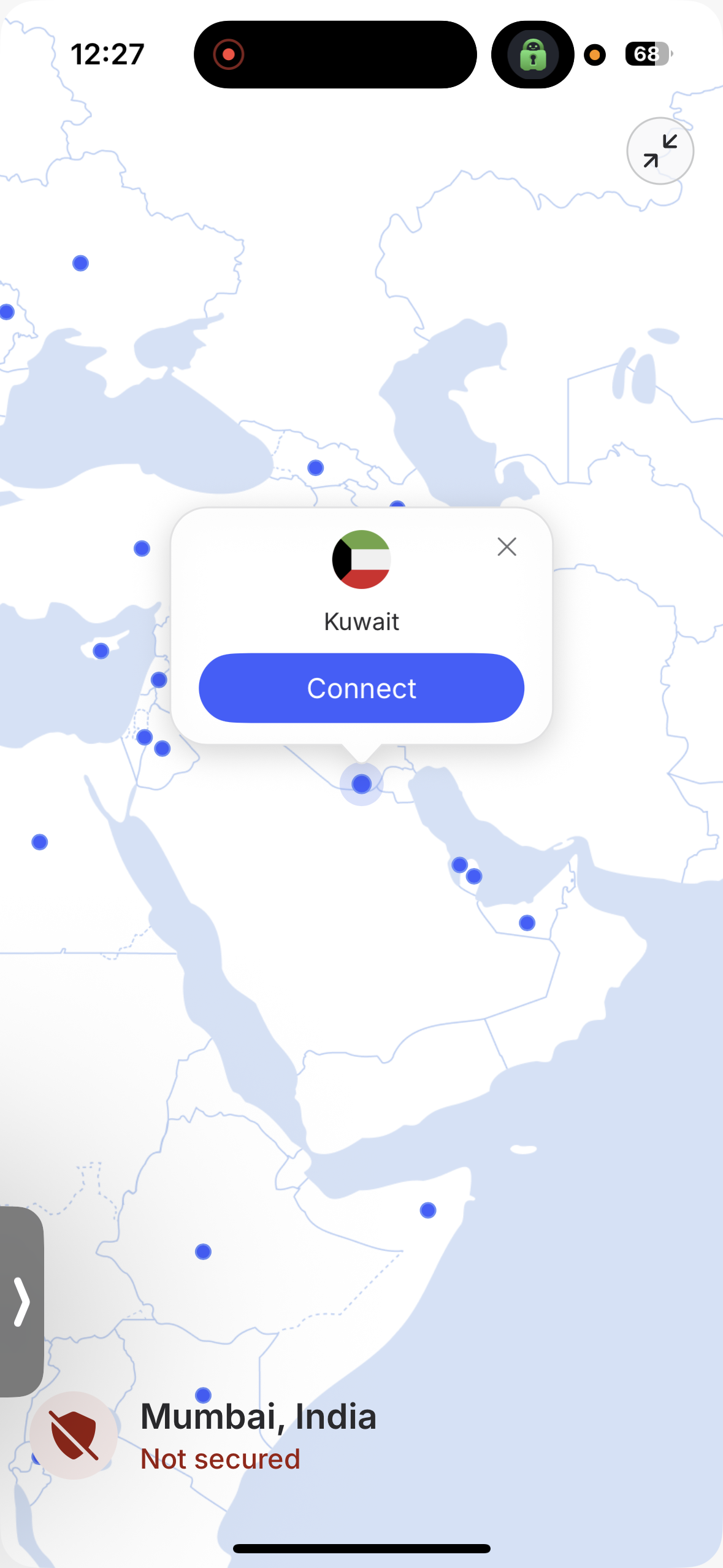 NordVPN iPhone app map interface showing Kuwait connection option