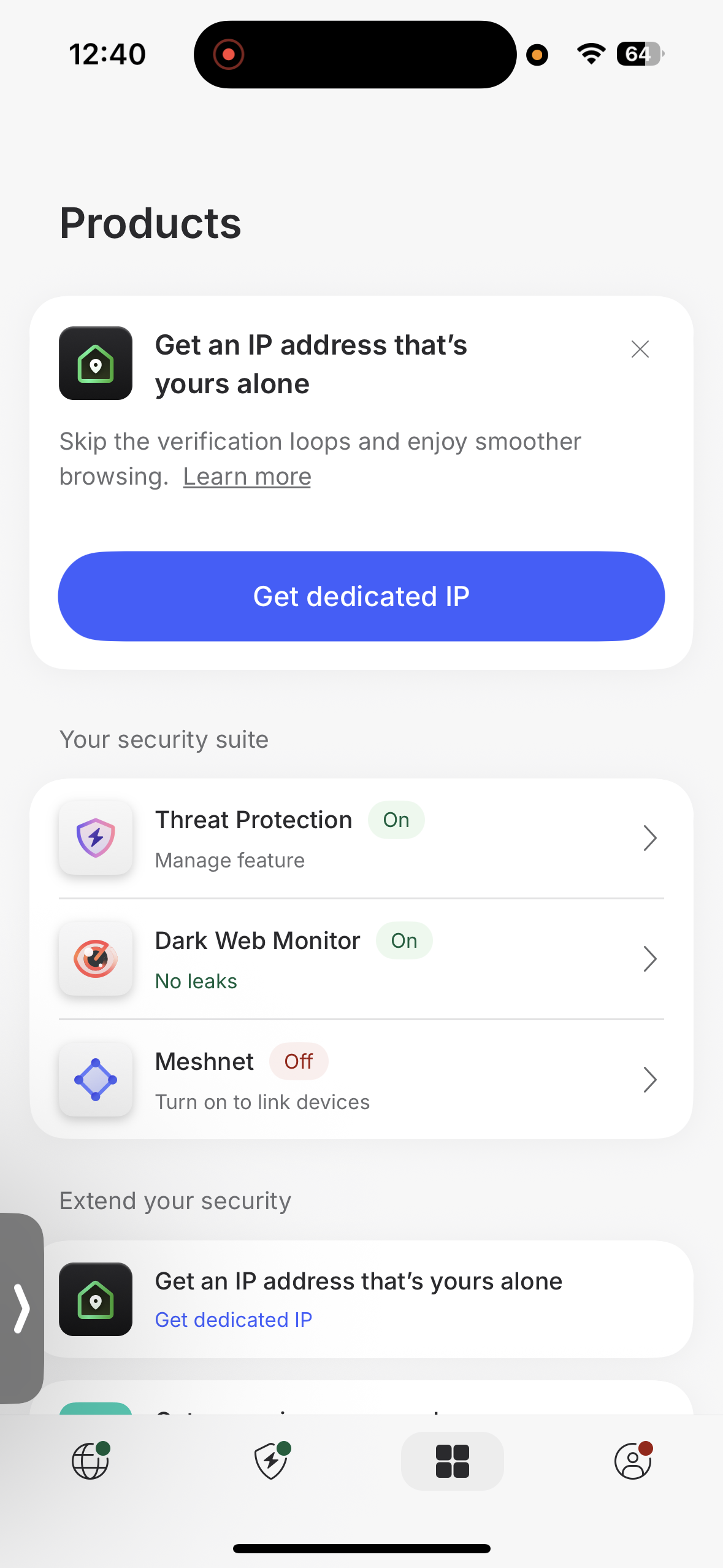 NordVPN iPhone app products screen showing threat protection and dark web monitor