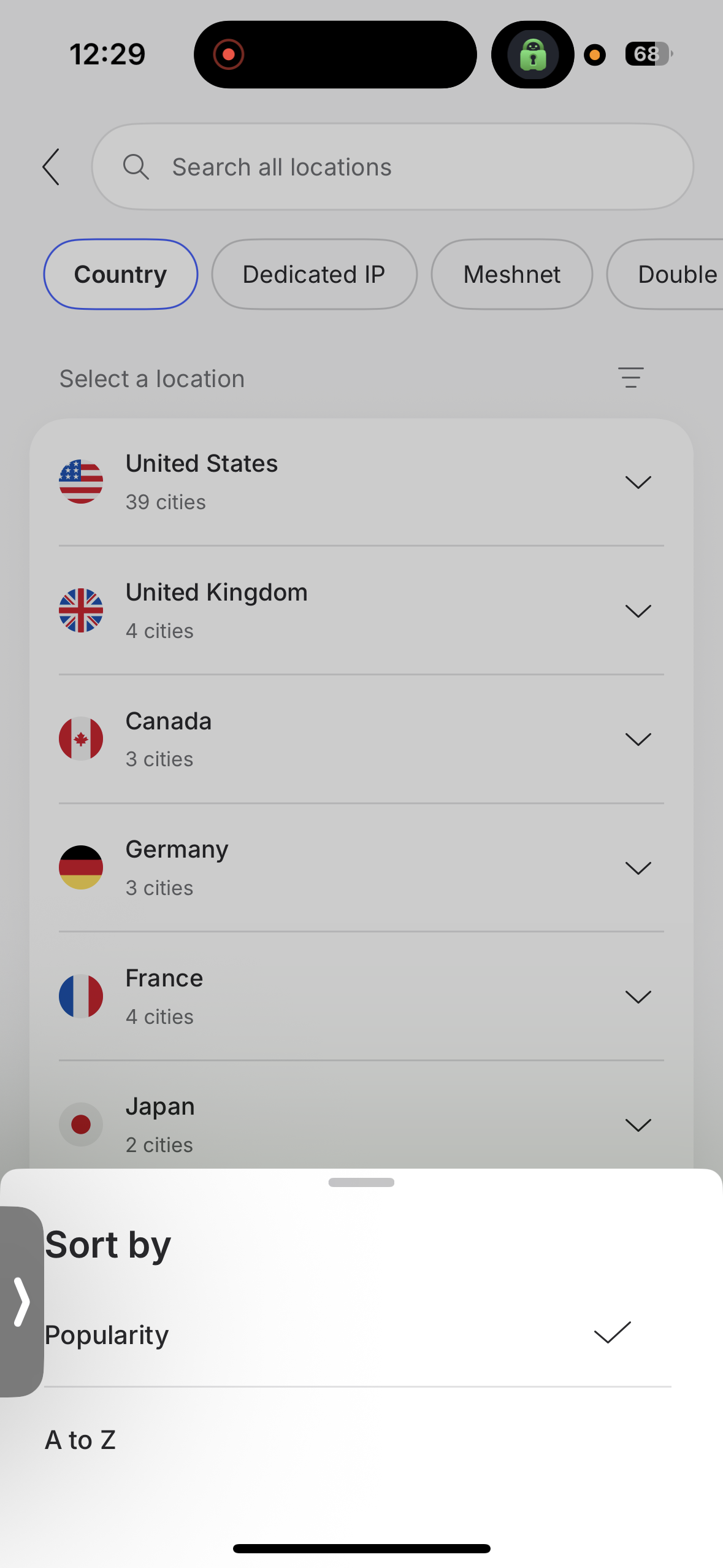 NordVPN iPhone app server selection list sorted by popularity (A-Z optional)