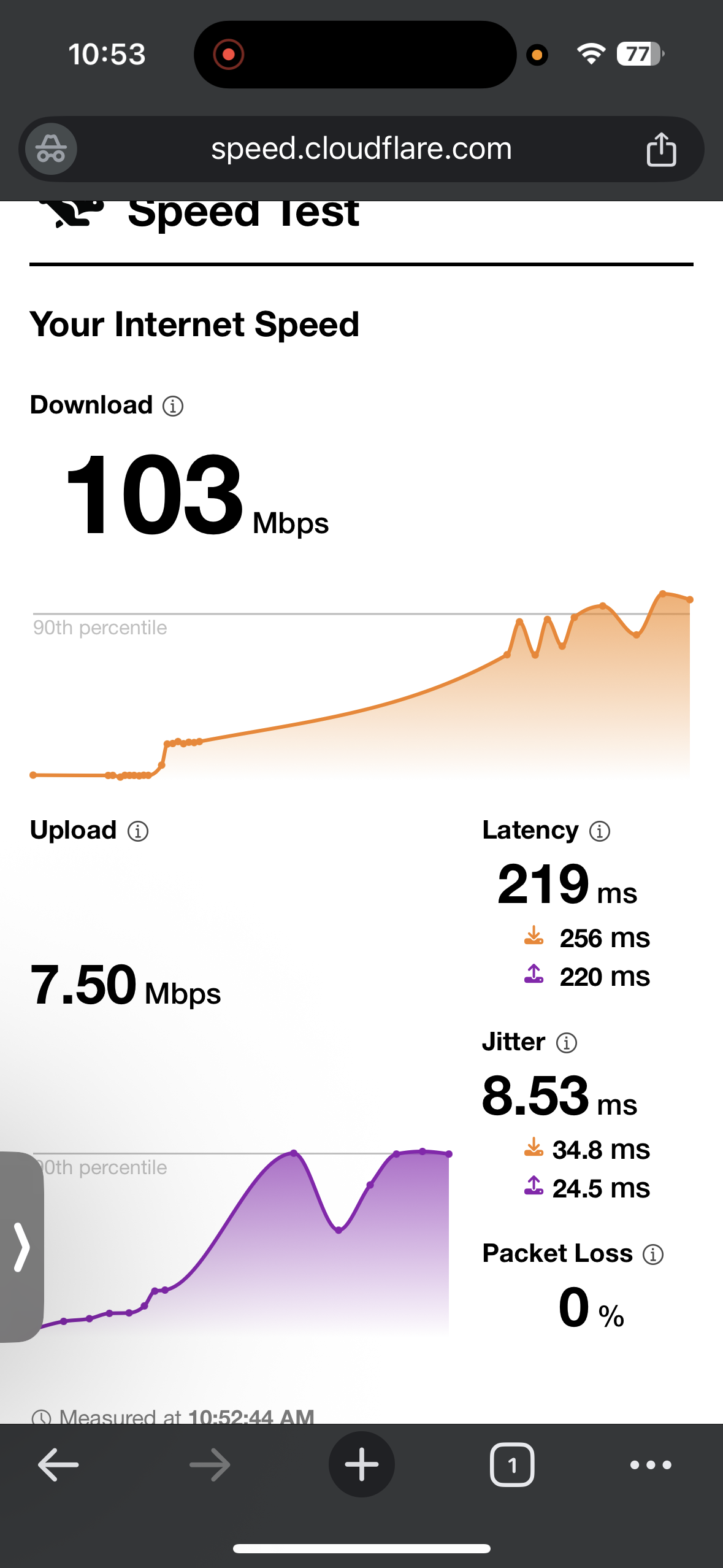 Wi-Fi Speed test results while connected to NordVPN's UK London server on iPhone