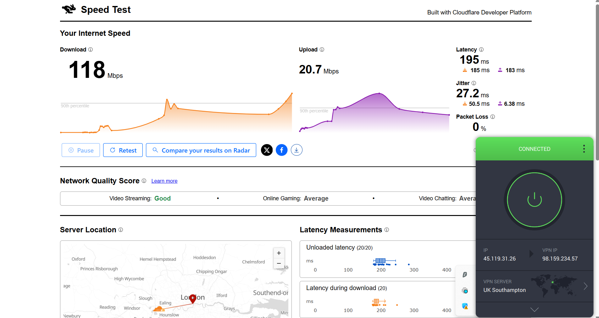PIA VPN speed test results on Windows connected to Southampton server over WiFi showing download, upload, latency, and jitter performance