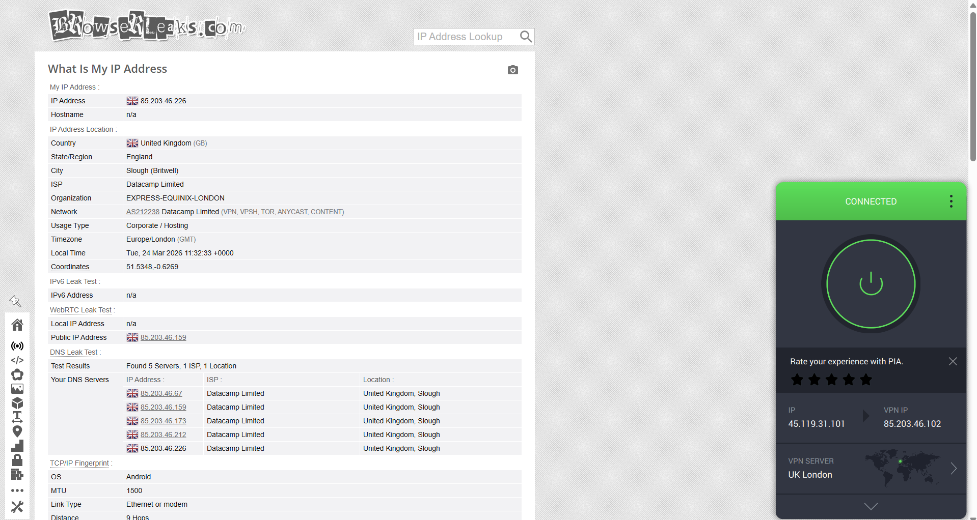 PIA VPN IP, DNS, and WebRTC leak test results on Windows connected to London server over WiFi showing no leaks detected