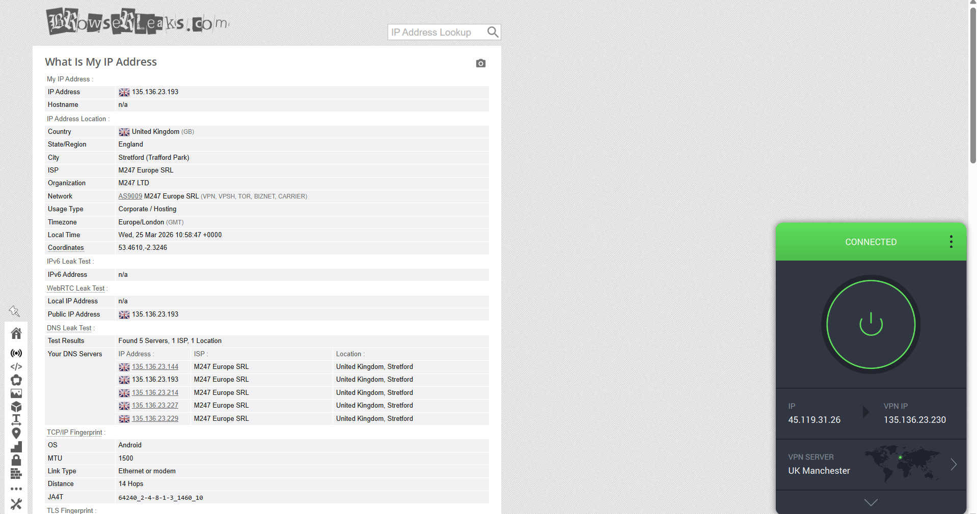 PIA VPN IP, DNS, and WebRTC leak test results on Windows connected to Manchester server over WiFi showing no leaks detected