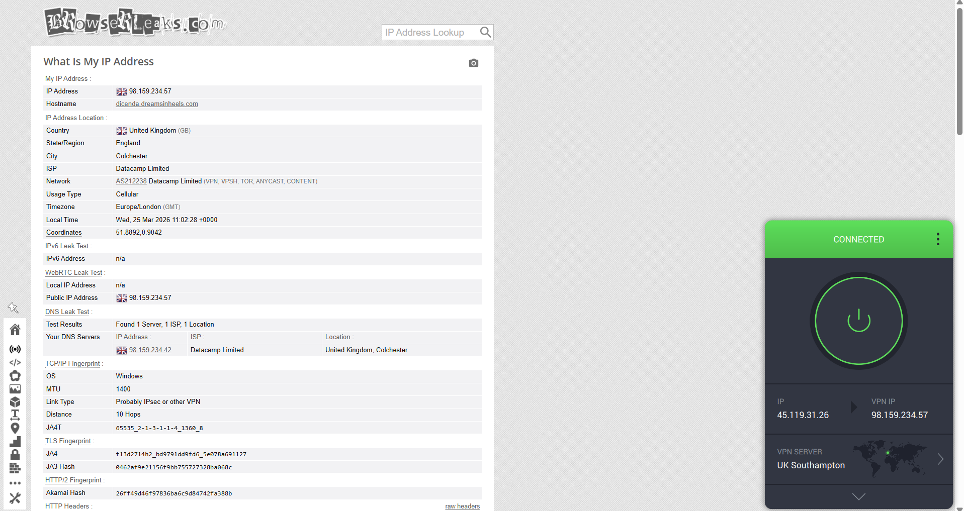 PIA VPN IP, DNS, and WebRTC leak test results on Windows connected to Southampton server over WiFi showing no leaks detected