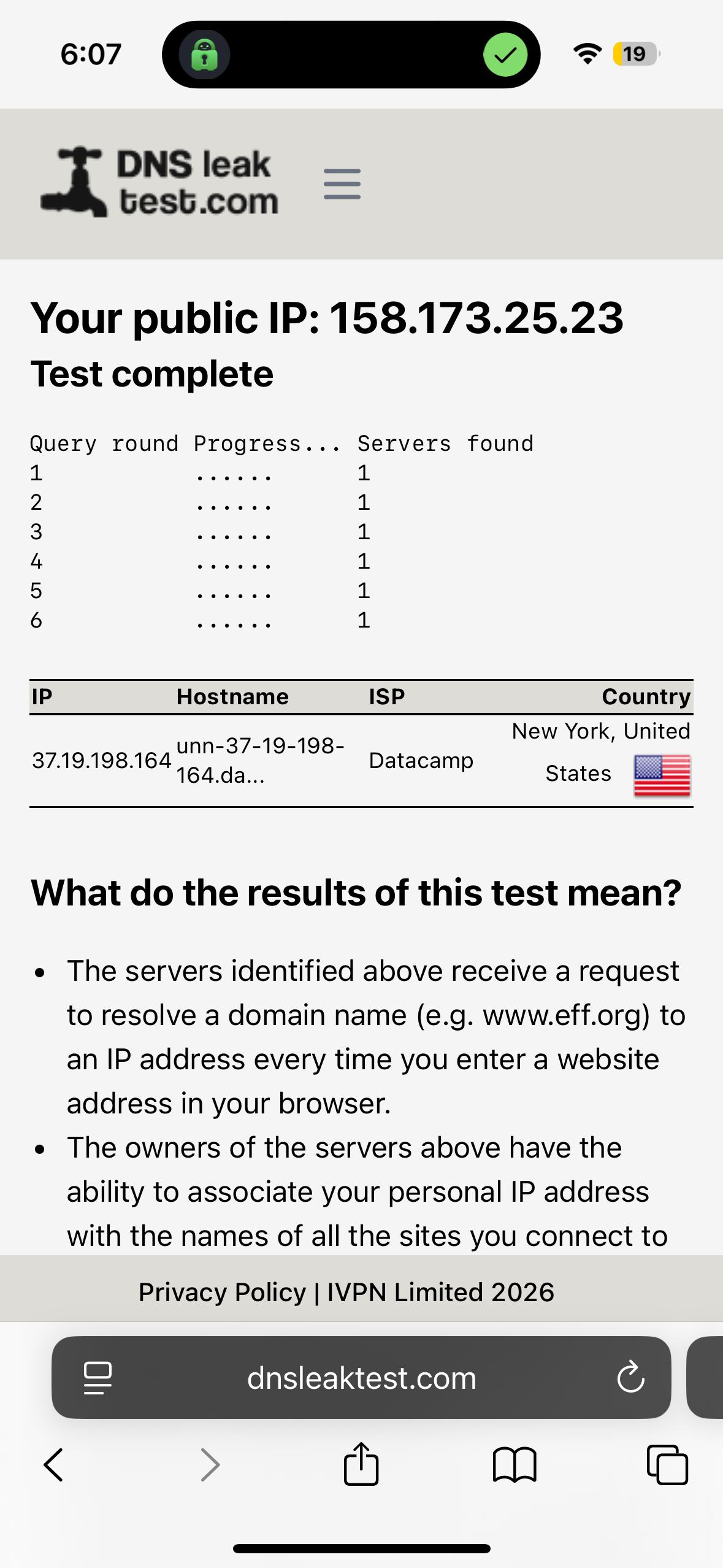 PIA VPN passed the DNS leak test while connected to the US New York server on iPhone