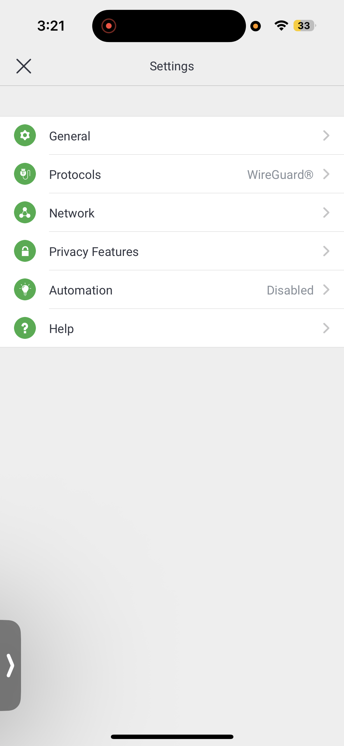 Settings Page in Proton VPN iPhone App showing numerous settings