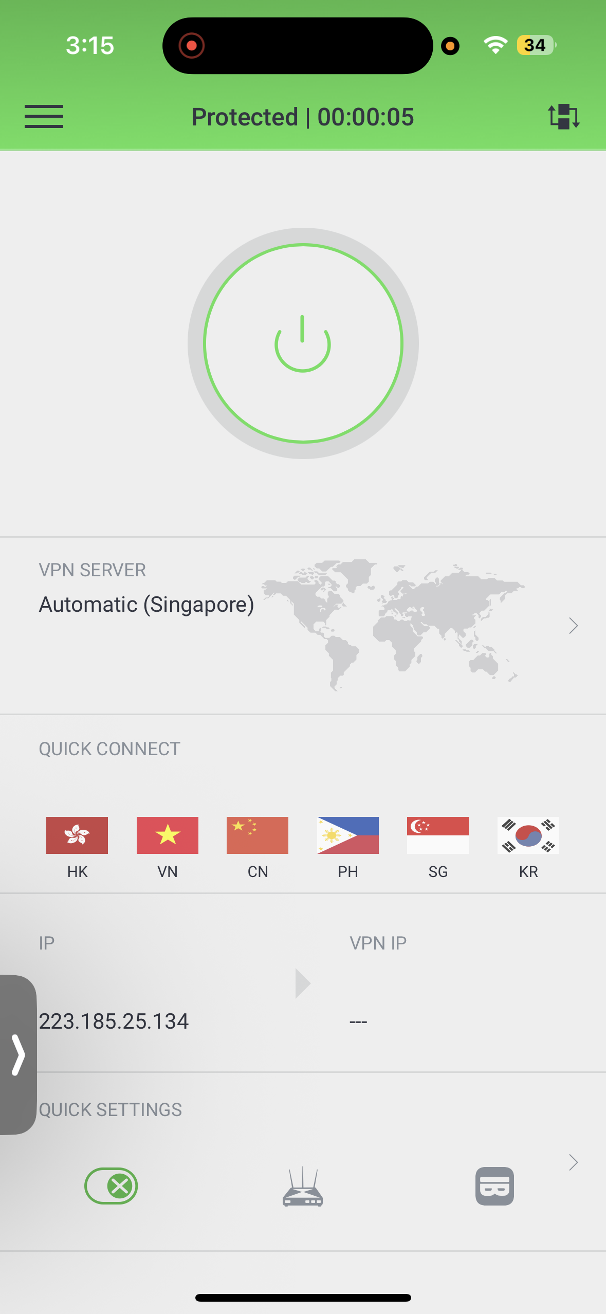 Active VPN connection to Singapore on home page in PIA VPN iPhone App