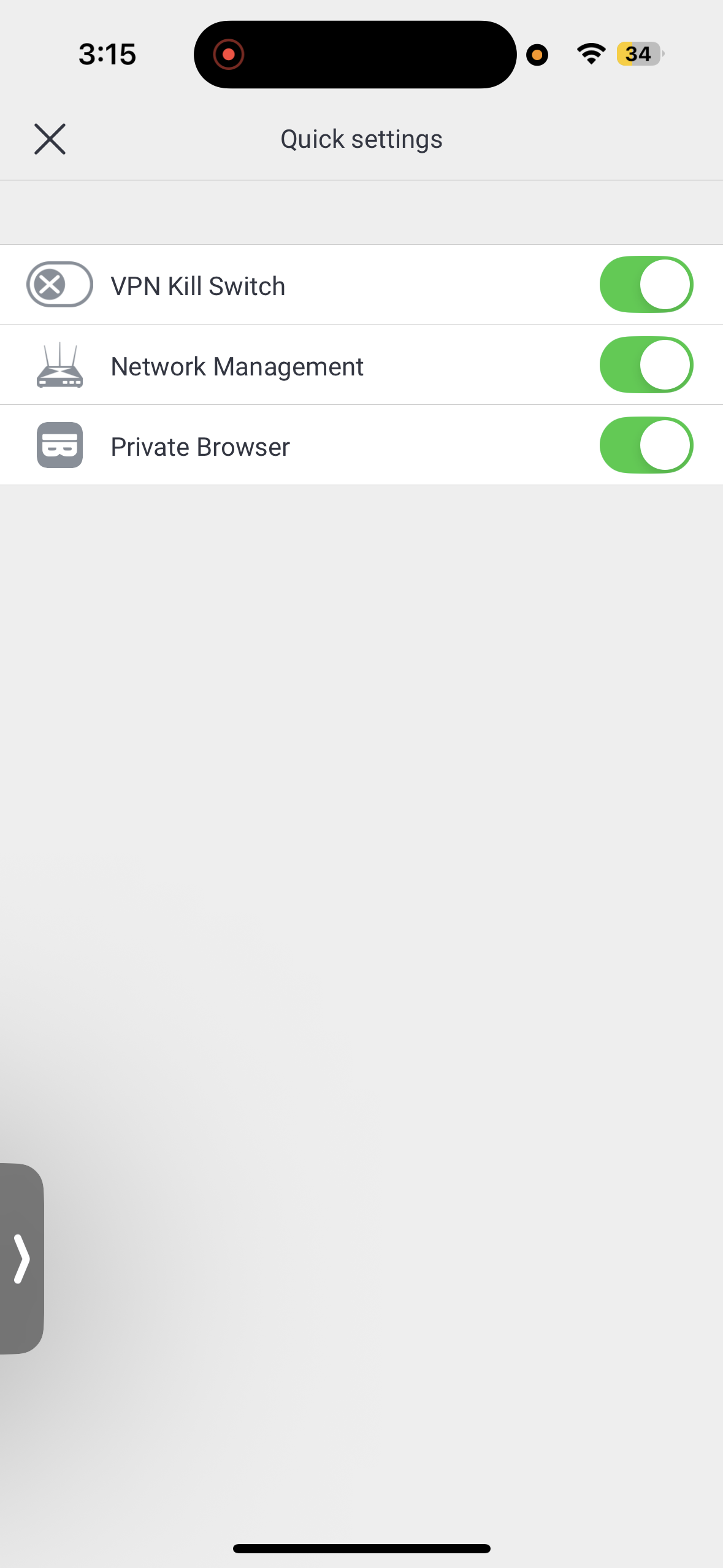 Quick settings Page in Proton VPN iPhone App