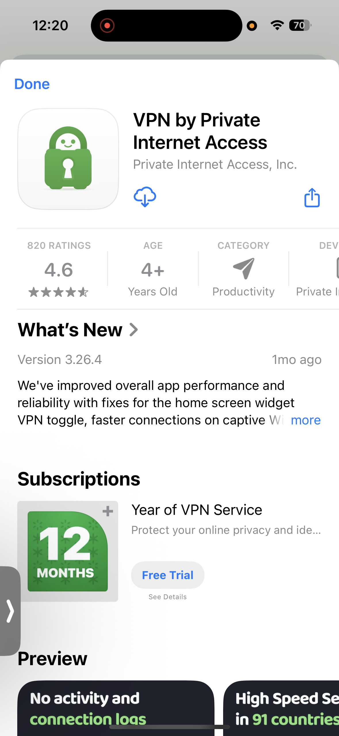 PIA VPN App Store listing showing ratings and update details