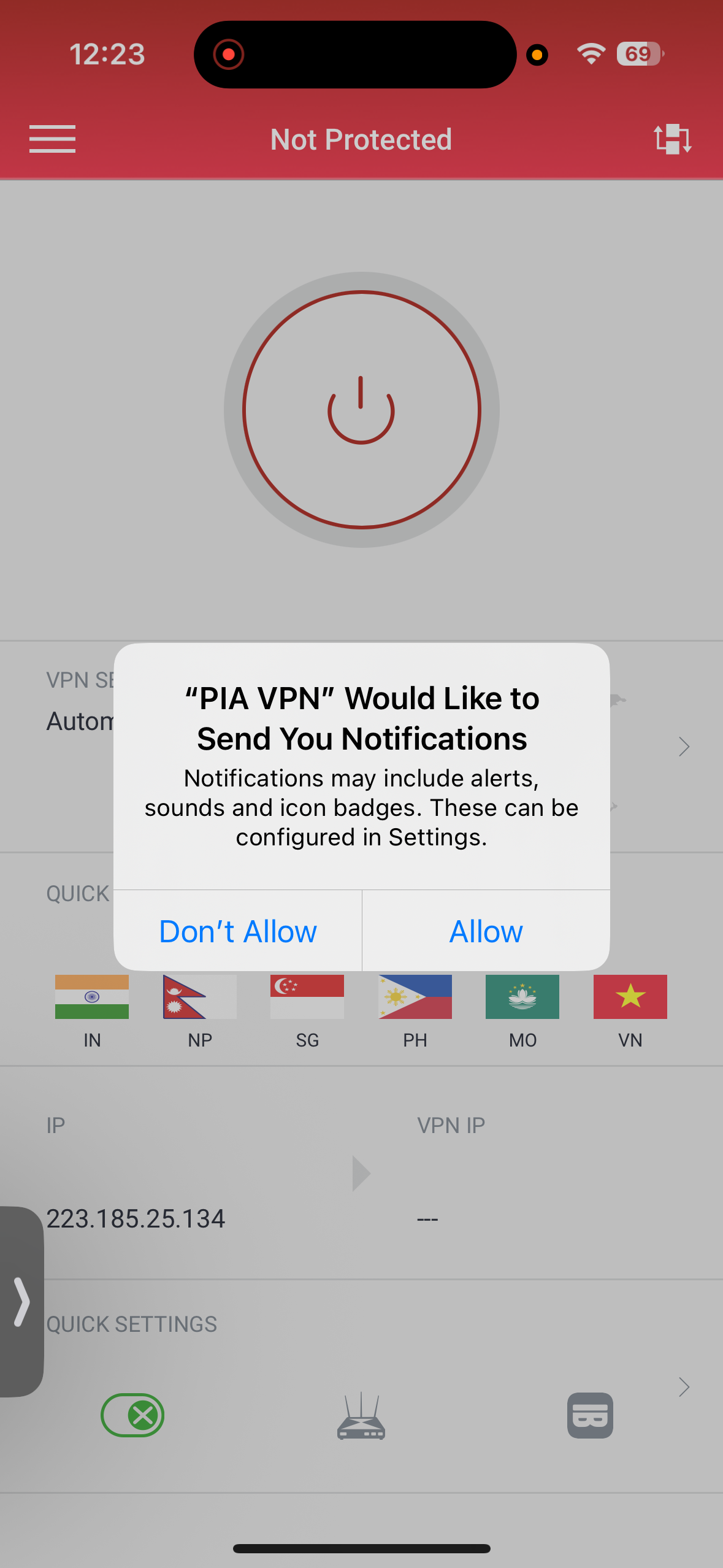 PIA VPN mobile app notification permission request screen