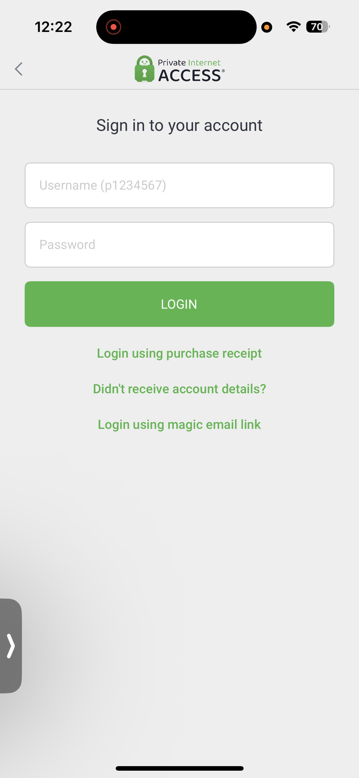 PIA VPN mobile login screen with username and password fields