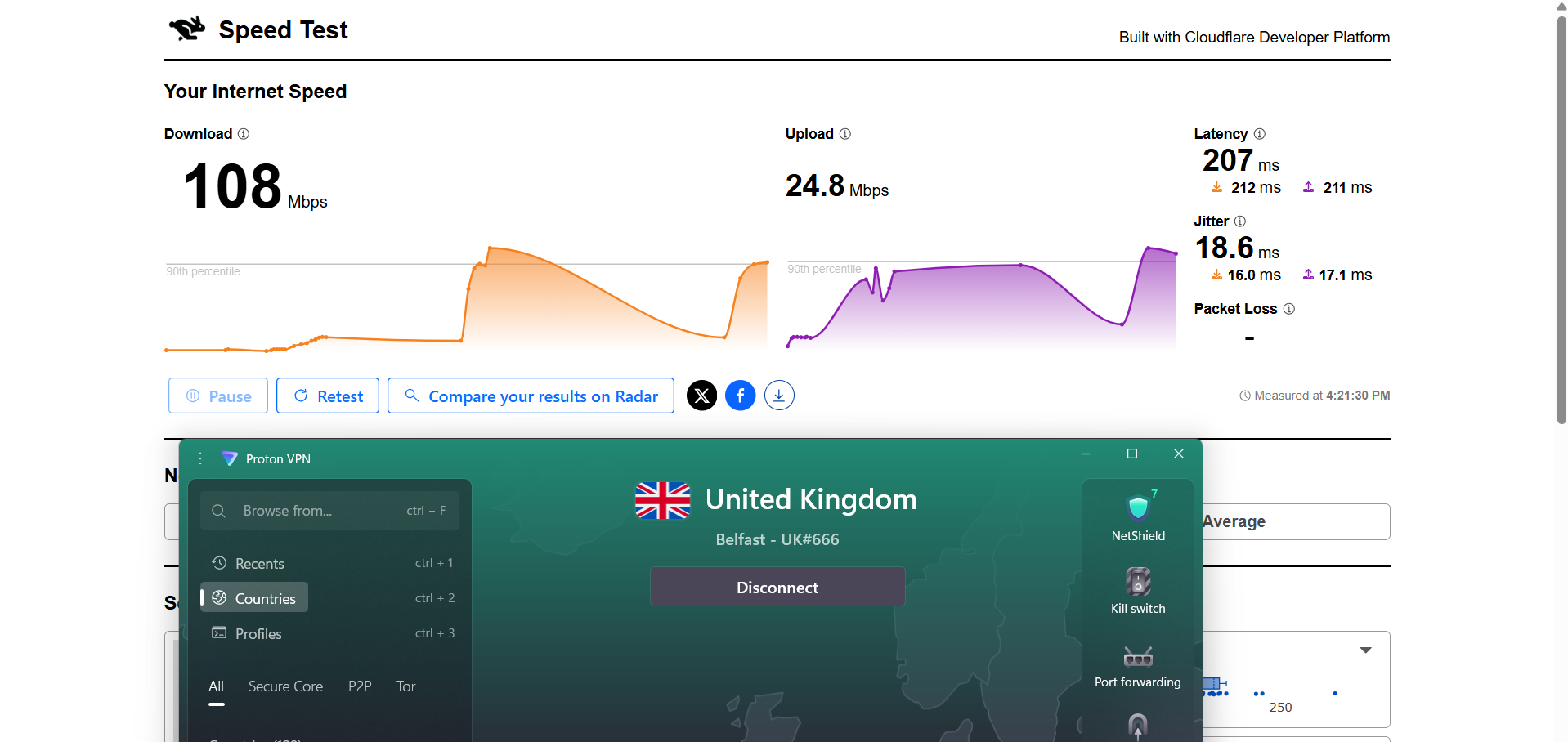 Proton VPN speed test results on Windows connected to Belfast server over WiFi showing download, upload, latency, and jitter performance