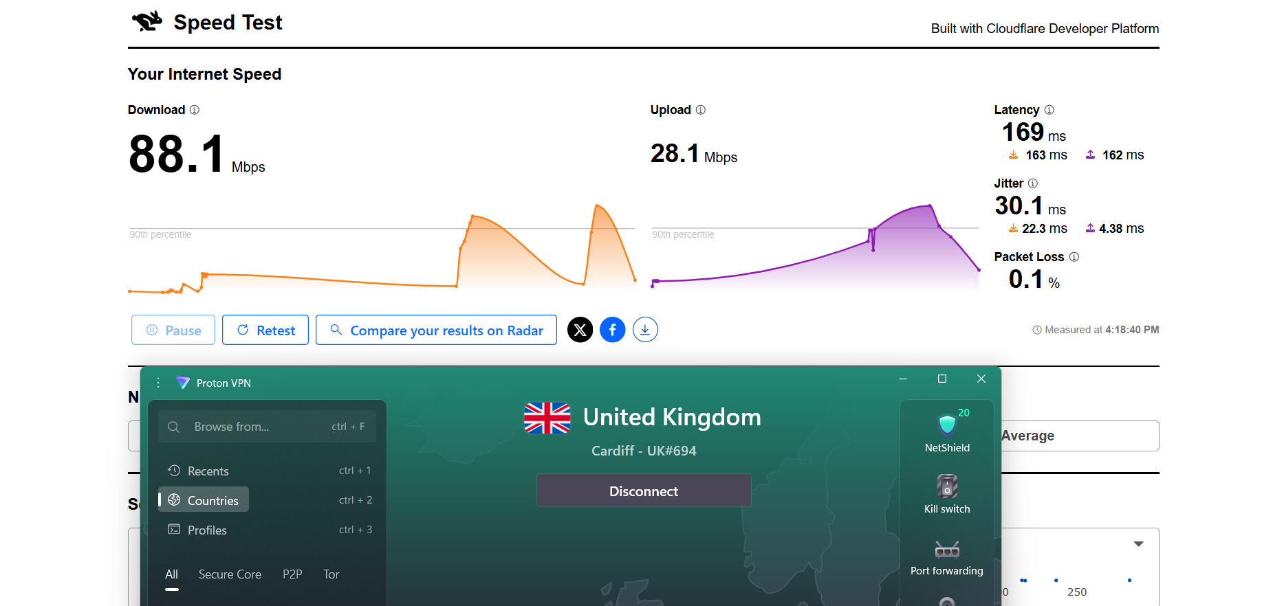 Proton VPN speed test results on Windows connected to Cardiff server over WiFi showing download, upload, latency, and jitter performance