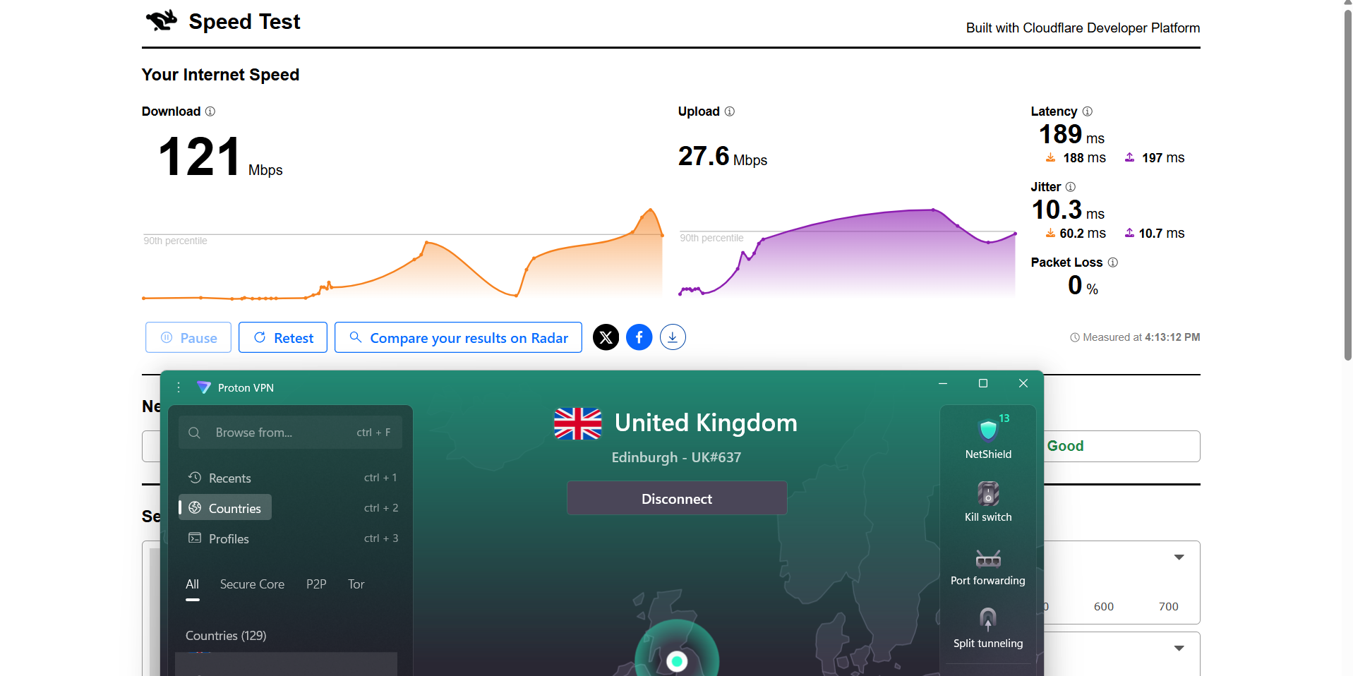 Proton VPN speed test results on Windows connected to Edinburgh server over WiFi showing download, upload, latency, and jitter performance