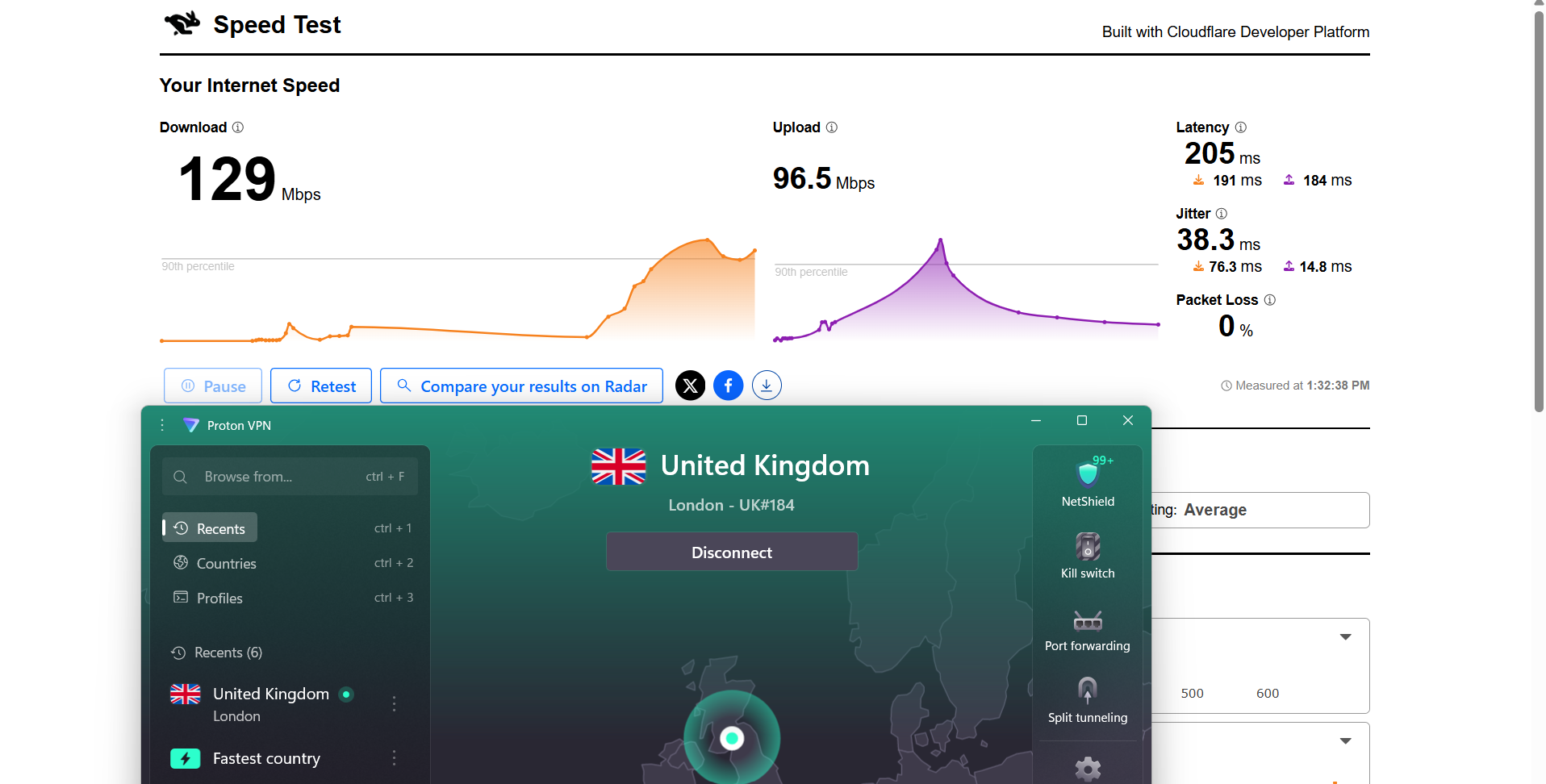 Proton VPN speed test results on Windows connected to London server over WiFi showing download, upload, latency, and jitter performance