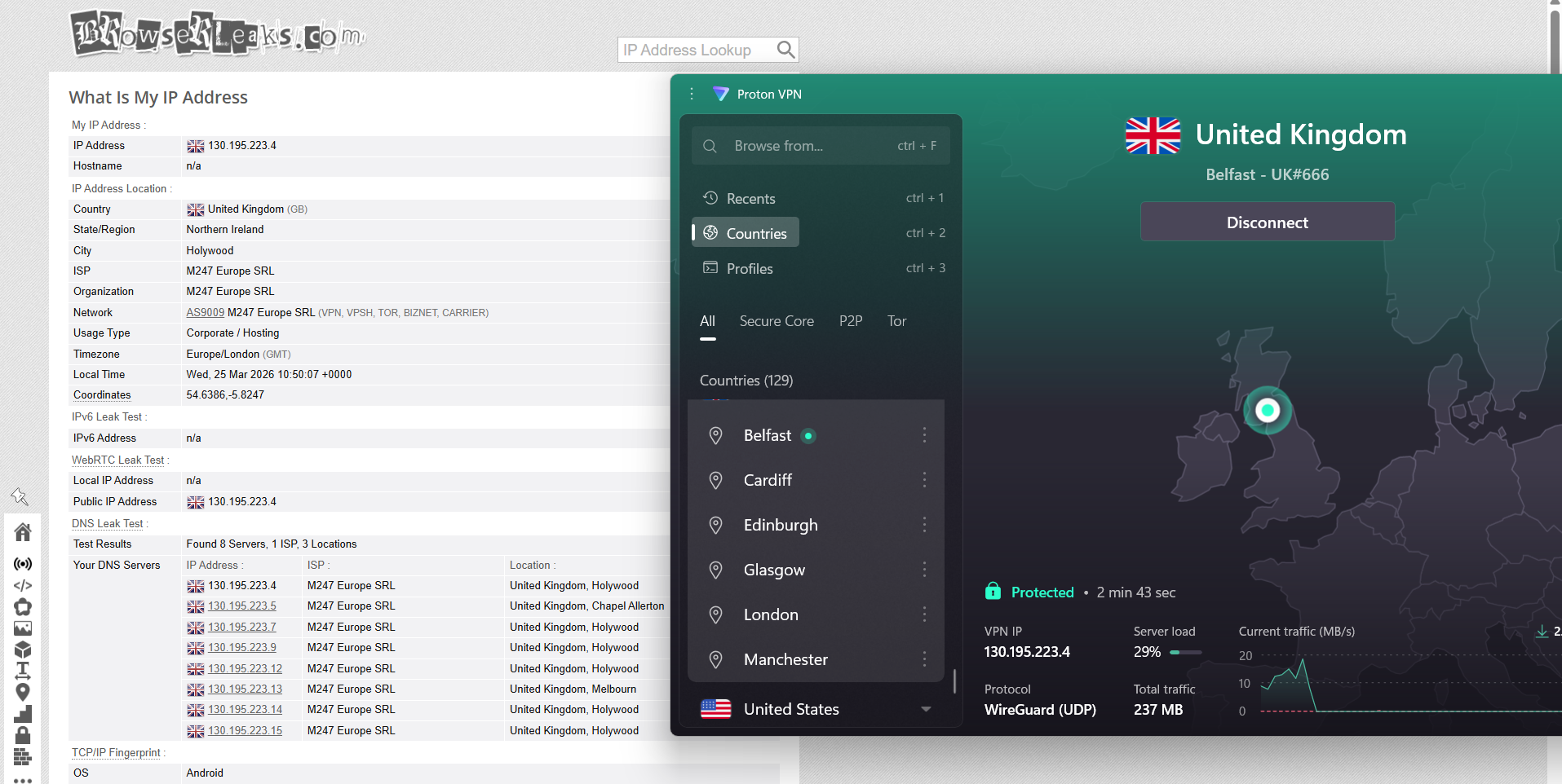 Proton VPN IP, DNS, and WebRTC leak test results on Windows connected to Belfast server over WiFi showing no leaks detected
