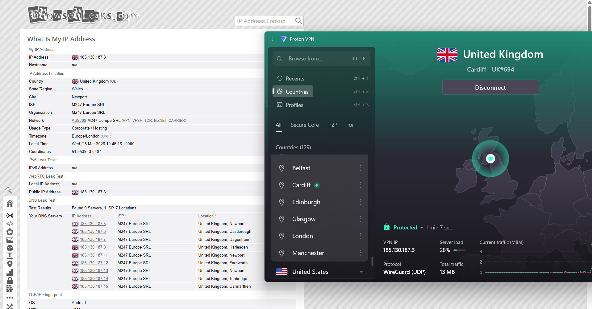 Proton VPN IP, DNS, and WebRTC leak test results on Windows connected to Cardiff server over WiFi showing no leaks detected