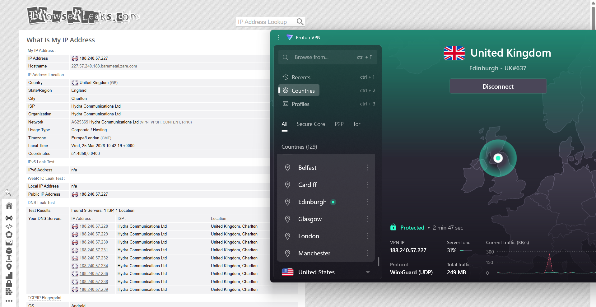Proton VPN IP, DNS, and WebRTC leak test results on Windows connected to Edinburgh server over WiFi showing no leaks detected