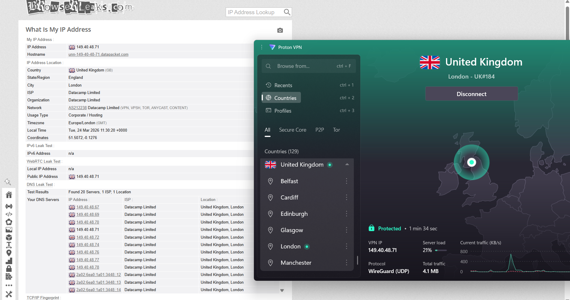 Proton VPN IP, DNS, and WebRTC leak test results on Windows connected to London server over WiFi showing no leaks detected