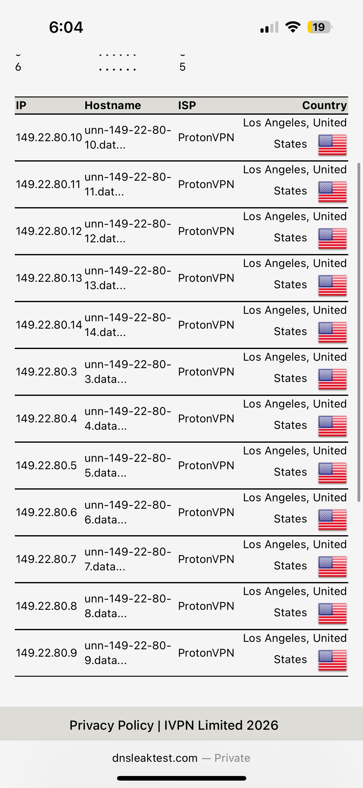 Proton VPN iPhone DNS Leak Test Passed on US Los Angeles Server
