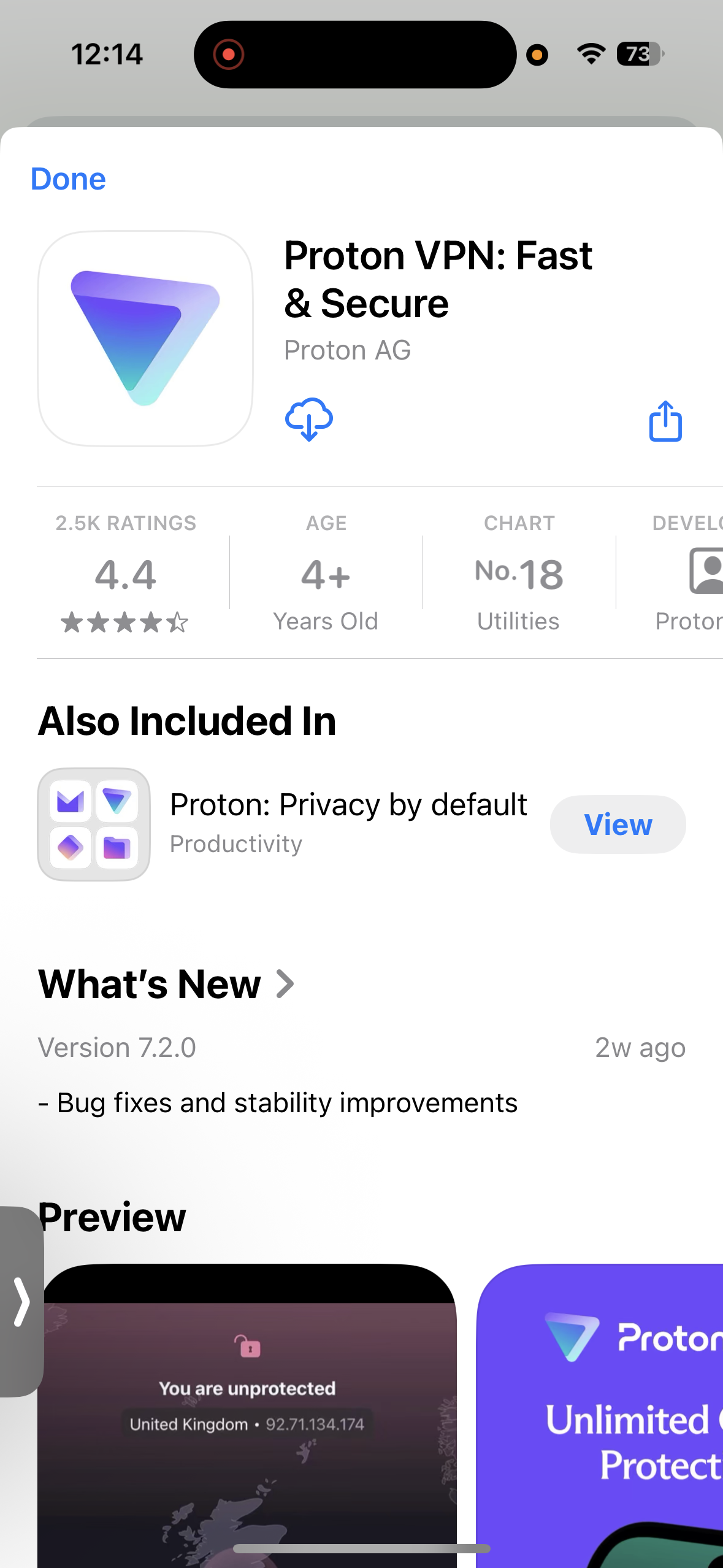 Proton VPN App Store listing showing ratings and update details