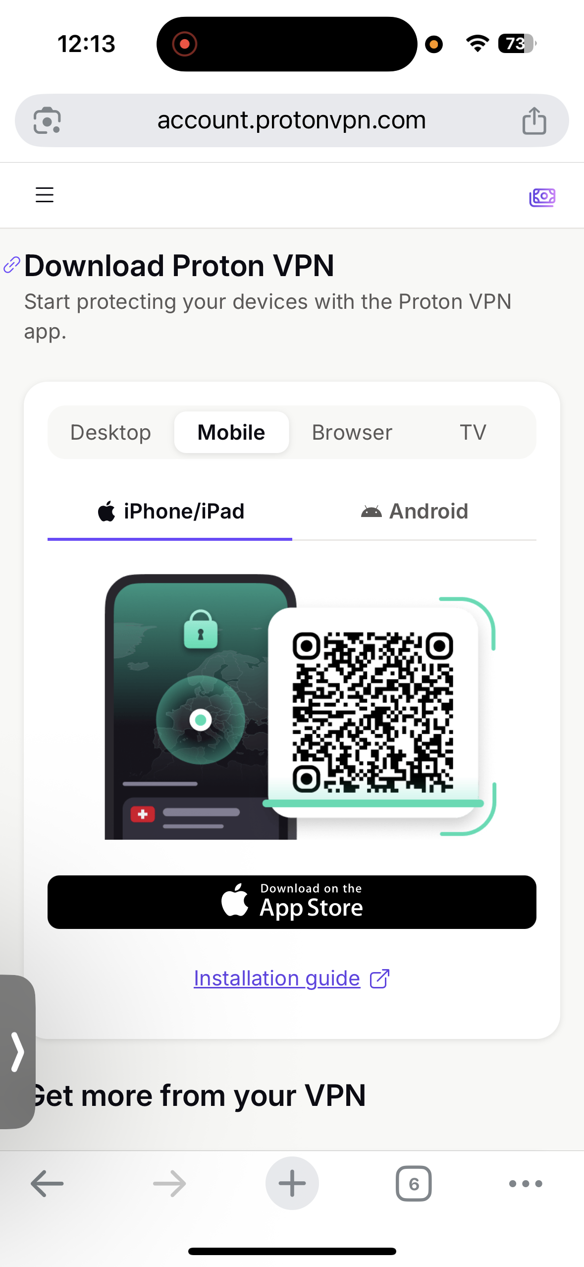 Proton VPN iOS download page with App Store link
