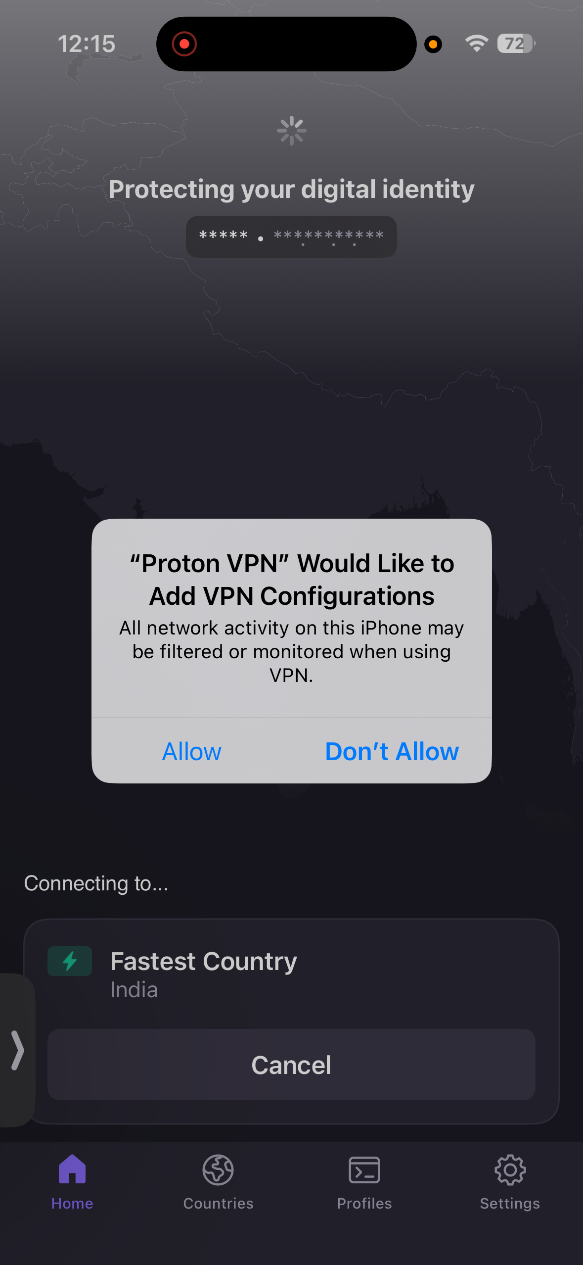 Proton VPN iPhone VPN configuration permission request screen
