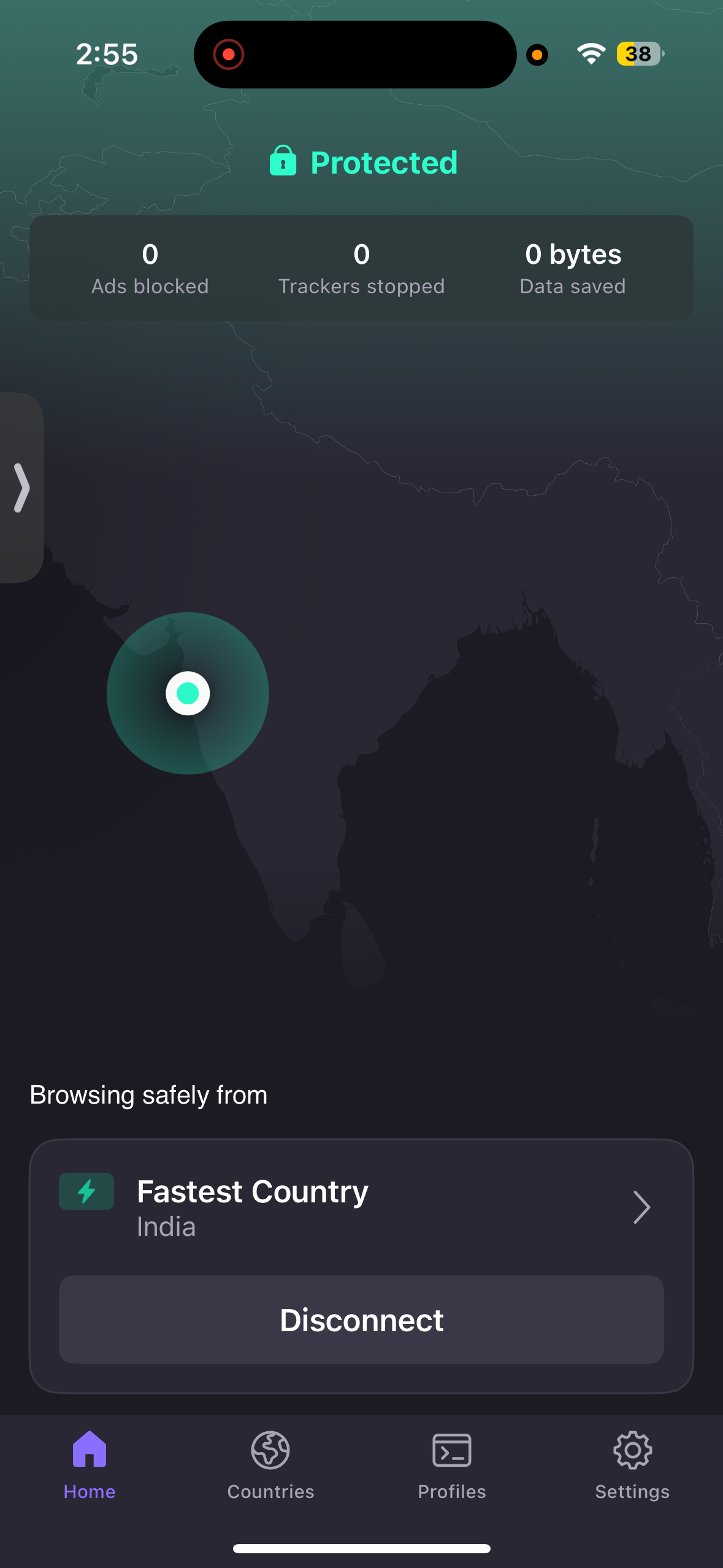 Active VPN connection on home page in Proton VPN iPhone App