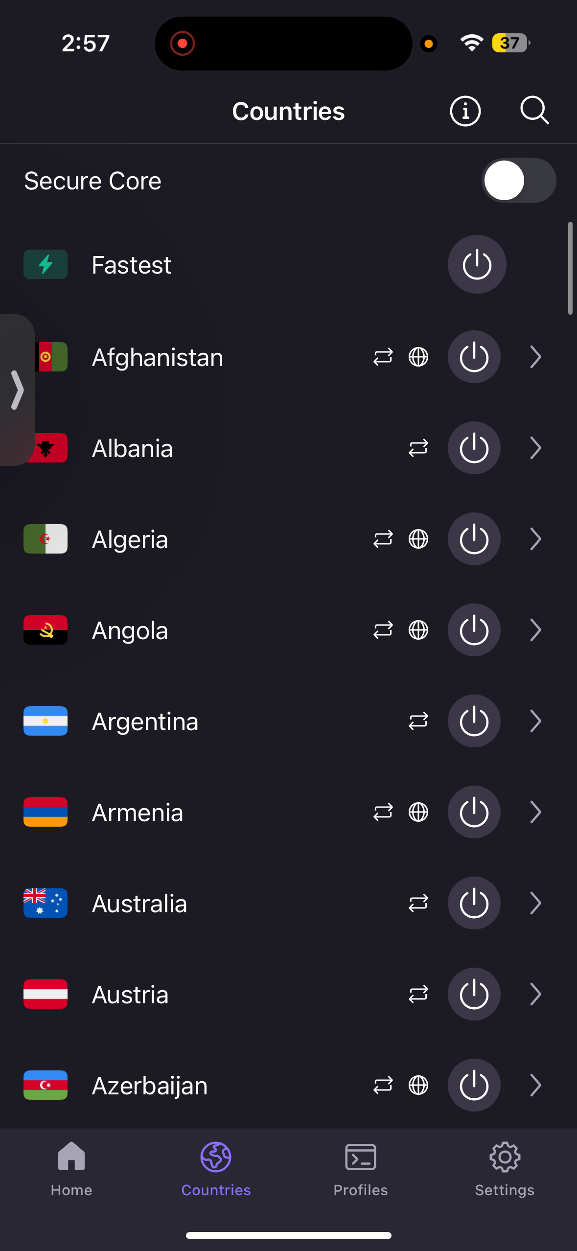 Servers page showing different specialty servers in Proton VPN iPhone App