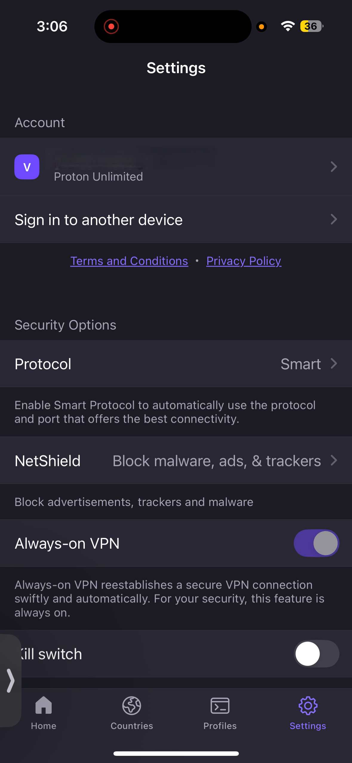 Settings page in Proton VPN iPhone App