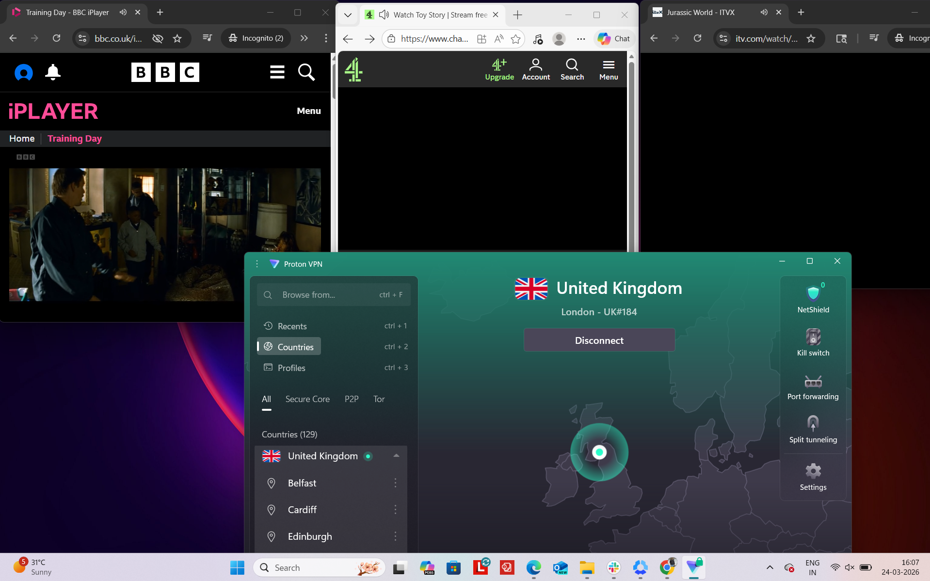 Proton VPN connected on Windows to London server while accessing BBC iPlayer, ITVX and Channel 4 simultaneously in a browser
