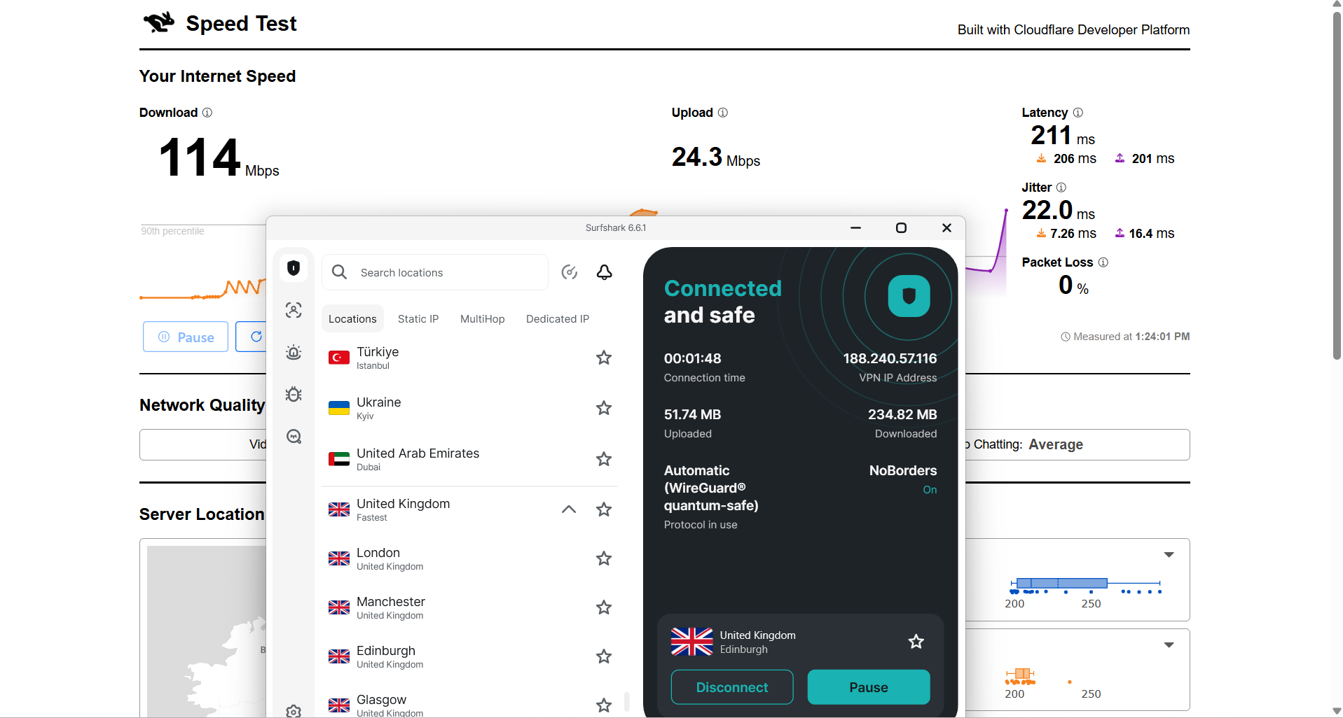 Surfshark VPN speed test results on Windows connected to Edinburgh server over WiFi showing download, upload, latency, and jitter performance