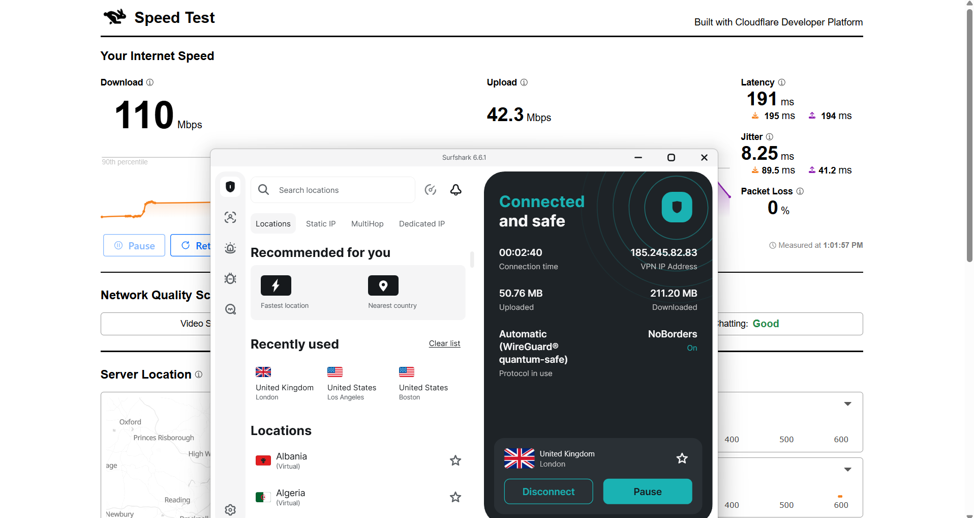 Surfshark VPN speed test results on Windows connected to London server over WiFi showing download, upload, latency, and jitter performance